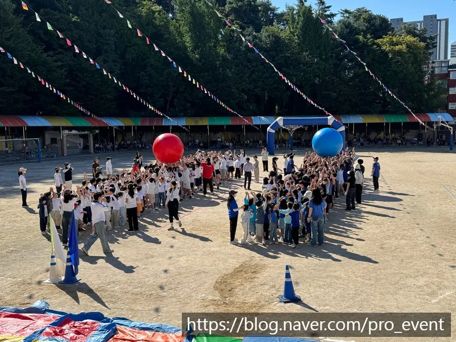 운동장에서 학생들이 무리를 지어 빨간 공과 파란 대형 공을 굴리는 운동회 장면을 멀리서 찍은 모습